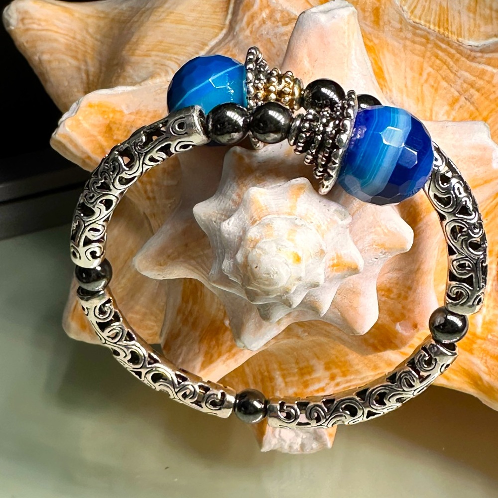BLUE AGATE + HEMATITE STONES CUFF BRACELET Size 7” up to 7.5”